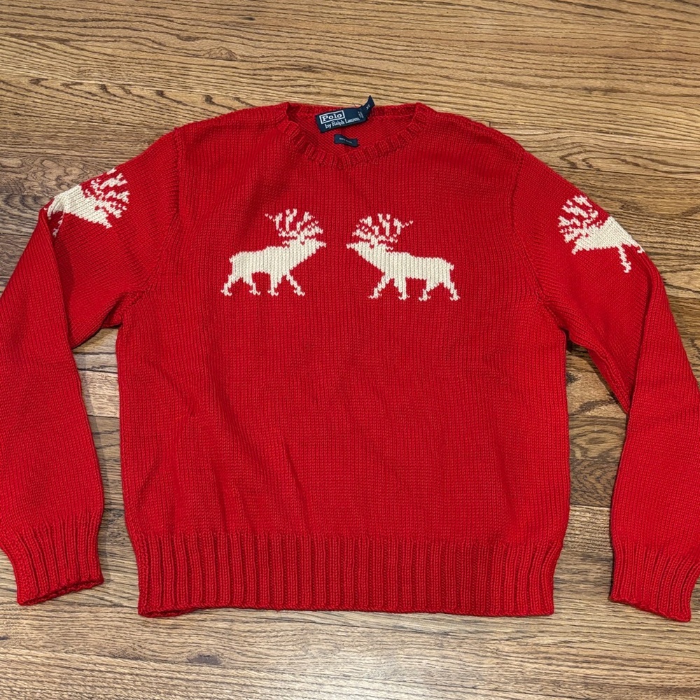Vintage Ralph Lauren Red Crewneck Sweater with Reindeer Design